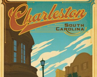 Charleston SC, South Carolina, Charming, Southern, Colorful, Travel Poster Style Postcard Z405827