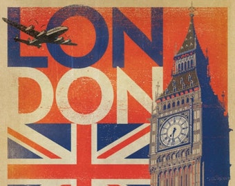 London, England, Union Jack Flag, Big Ben, Travel Poster Style REPRO Vintage Postcard Z295902