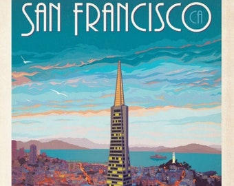 San Francisco vintage style travel poster Transamerica pyramid building at night