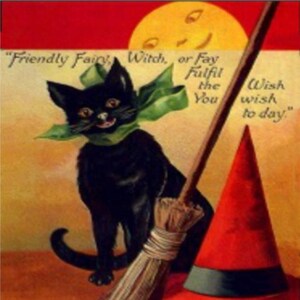 Carte postale vintage Z475460 chat noir chapeau de sorcière pleine lune REPRO