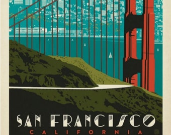 Carte postale Z923479, San Francisco, Californie, Golden Gate Bridge, Skyline, coloré, style affiche de voyage