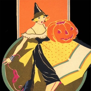 Carte postale d'inspiration Art déco sorcière Jack O Lantern citrouille chat noir vintage Z298540