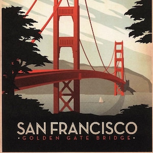 San Francisco, Californie, Golden Gate Bridge, carte postale de style affiche de voyage R285257