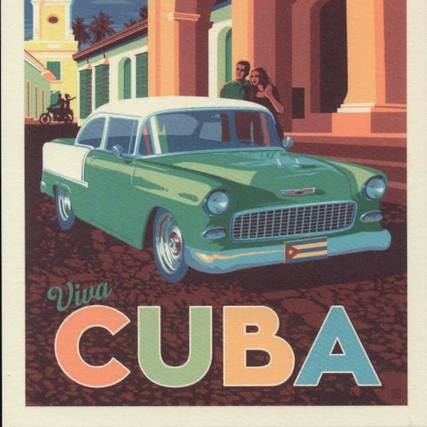 Viva Cuba! Old Car, Caribbean, Havana, Travel Poster Style Modern Postcard Z445053