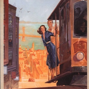San Francisco, couple élégant, téléphérique, affiche de voyage rétro, carte postale moderne Z544209