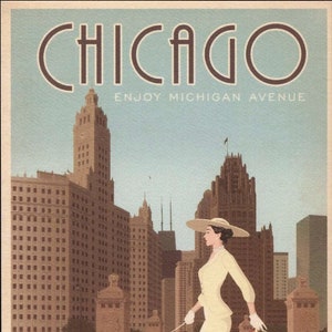 Carte postale moderne Chicago, tendance, Michigan Avenue, élégant, caniche, style poster de voyage Z749981