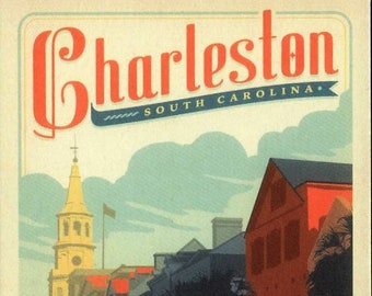 Charleston SC, South Carolina, The Palmetto City, Colorful, Travel Poster Style Postcard Z190119