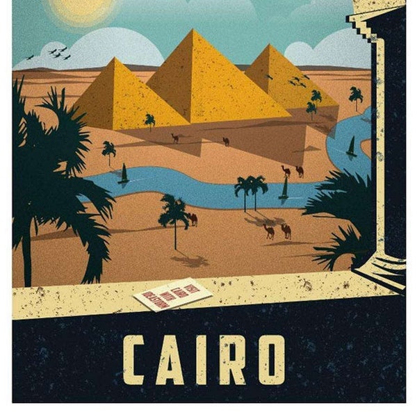 Visit, Travel, Cairo, Egypt, Travel Poster Style,  Colorful, Blimp, Pyramids, Panorama, Modern Vintage Greeting Card NCC000816