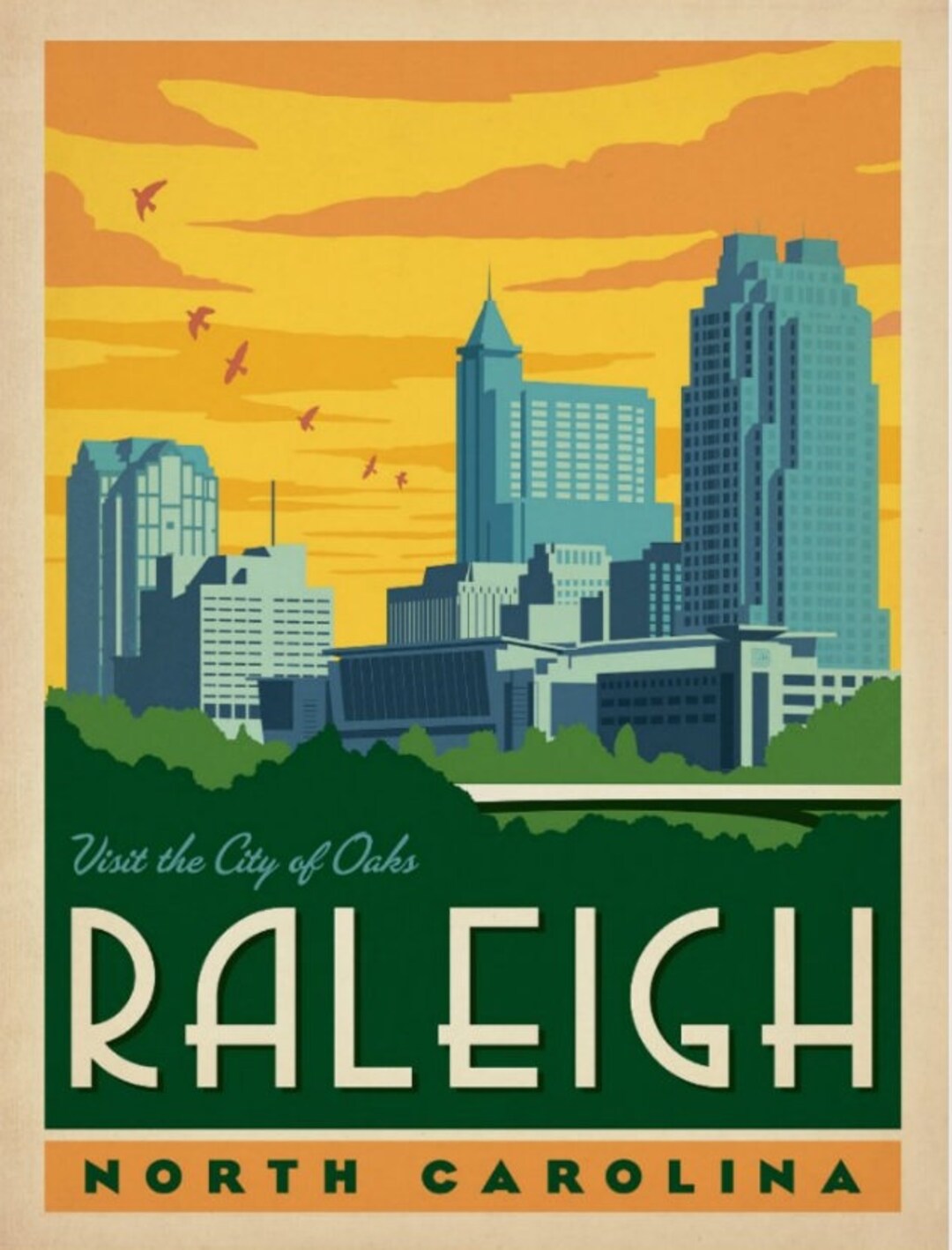 Raleigh NC North Carolina City of Oaks Travel Poster Style - Etsy