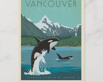 Vancouver, Canada, Glorious Views of Mt Denman, Colorful, Travel Poster Style Postcard Z899923