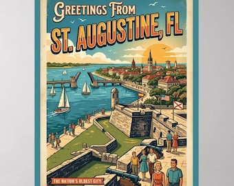 Greetings From St Augustine Retro Postcard Oldest City Vintage Style Art POD