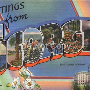Greetings from Georgia, 1940er Jahre Klassisch Vintage Inspiriert Digital Sofort Download, 600dpi