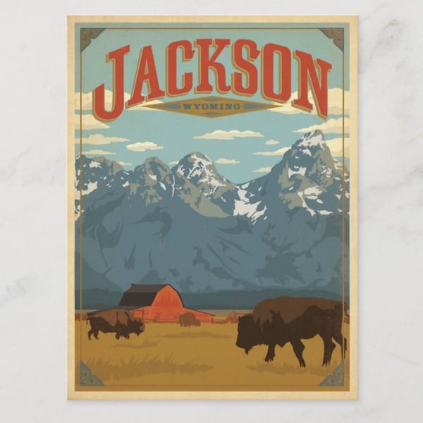 Jackson, Wyoming, Buffalo, Mountains, Travel Poster Style Postcard R475145