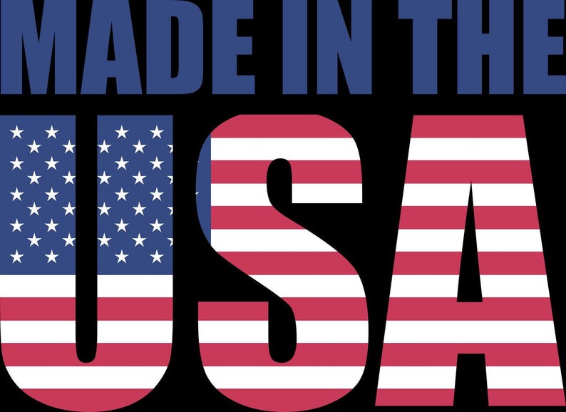 May include: Text graphic with the words "MADE IN THE USA". The letters "U" and "S" are designed with red and white stripes, and the letter "U" has a blue field with white stars.
