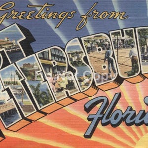 Salutations de Saint-Pétersbourg, Floride, grande lettre des années 1940, classique vintage inspiré du téléchargement numérique instantané, 600 dpi