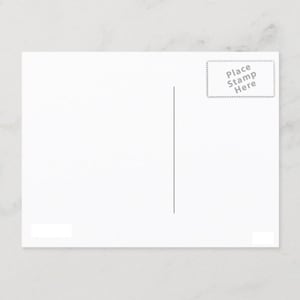 May include: A blank white postcard with a vertical line for the address and a rectangular area for the stamp. The words "Place Stamp Here" are printed inside a dotted rectangle in the upper right corner.