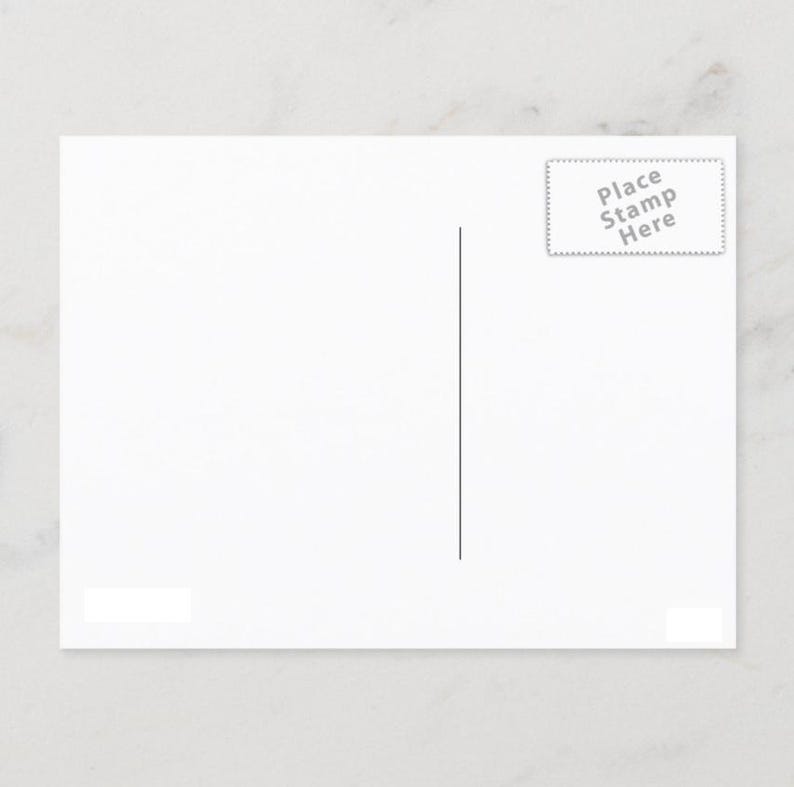 May include: A blank white postcard with a vertical line for the address and a rectangular area for the stamp. The words "Place Stamp Here" are printed inside a dotted rectangle in the upper right corner.