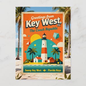 May include: A vintage-style postcard featuring a lighthouse with red and white stripes, palm trees, and the text "Greetings from Key West, The Conch Republic." The postcard has a retro design with a sunny beach scene and the words "Sunny Key West Florida Keys."