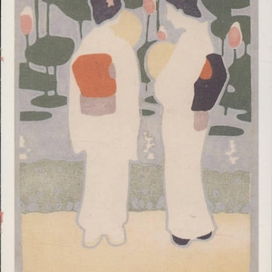 Art nouveau, art japonais, deux femmes devant un étang de lotus, carte postale moderne R001333