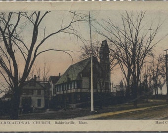 Baldwinville MA, Massachusetts, Templeton, Worcester County, Congregational Church, Hand Colored, 1910 Original Vintage Postcard, MA751823