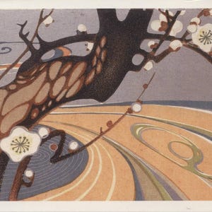 Art nouveau, art japonais, prunier en fleurs au bord d'une rivière, carte postale moderne R000841