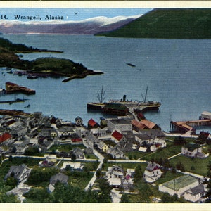 Wrangell AK, Alaska, vue sur le port, carte postale ancienne originale AK415354