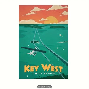 Key West 7 Mile Bridge Vintage Travel Poster Cool Picture Painting Wall Art Canvas Poster Modern Home Room Décor Gift 8x12 Inch Frameless