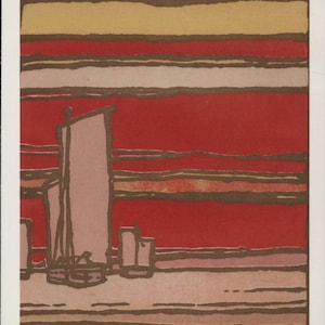 Carte postale art nouveau, art japonais, bateaux au coucher du soleil, moderne R000842