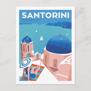 Santorin, Grèce, carte postale de style affiche de voyage colorée Z270195