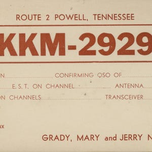 Vintage Ham Radio QSL Karte: KKM-2929 Powell TN, 1960er Jahre Funkamateure