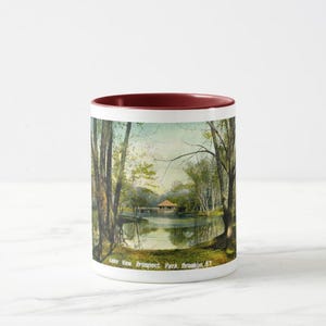 May include: A white ceramic mug with a red rim features a vintage postcard image of a lake with a small building in the distance. The text on the postcard reads "Lake View Prospect Park, Brooklyn, NY."