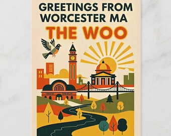 Worcester MA “The Woo” Retro Travel Postcard – 1930s Style Greeting Card Souvenir POD