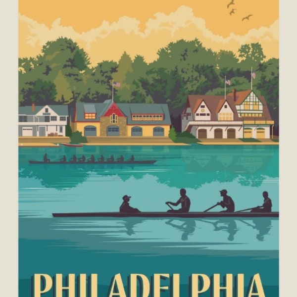 Philadelphia PA, Pennsylvania, Boathouse Row, Colorful, Travel Poster Style Postcard Z102195