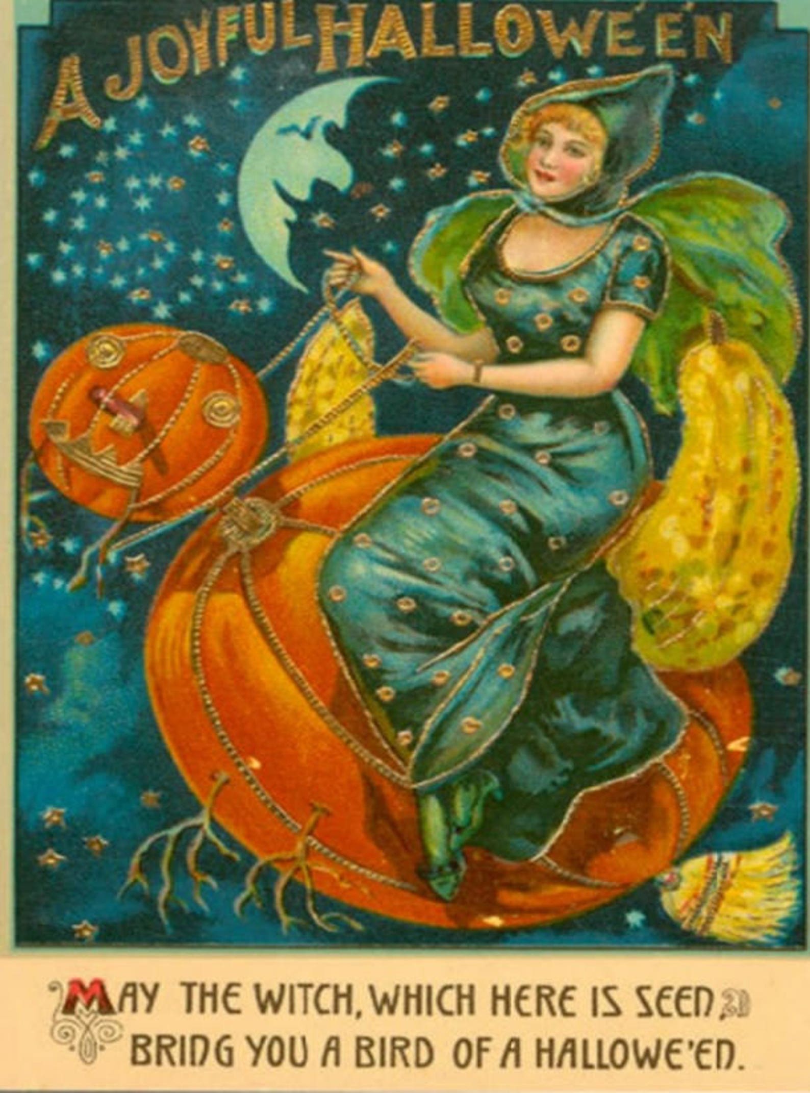 Witch Jack O Lantern Bird Pumpkin Crescent Moon REPRO Vintage Postcard ...