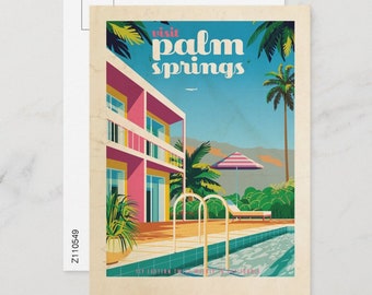 Palm Springs CA, California, Retro Palm Springs Hotel, Travel Poster Style Modern Postcard Z110549