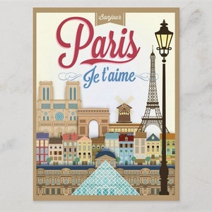 Paris, France, Bonjour, Je t'aime, Travel Poster Style Modern Vintage Postcard Z333456