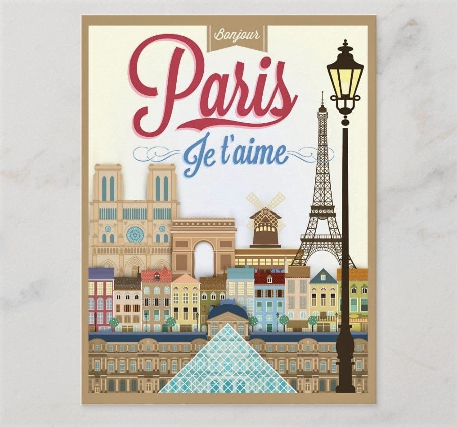 Paris, France, Bonjour, Je T'aime, Travel Poster Style POD Modern