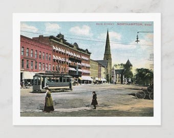 Northampton MA Main Street Postcard: 1910s Vintage New England Print POD Enhanced and Restored