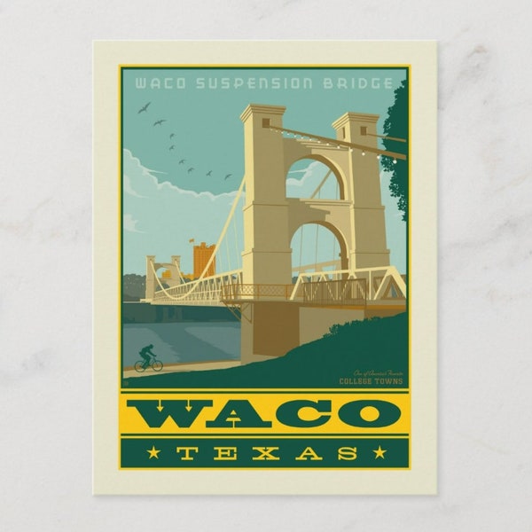 Waco TX, Texas, View, Suspension Bridge, Colorful, Poster Style Postcard Z638357