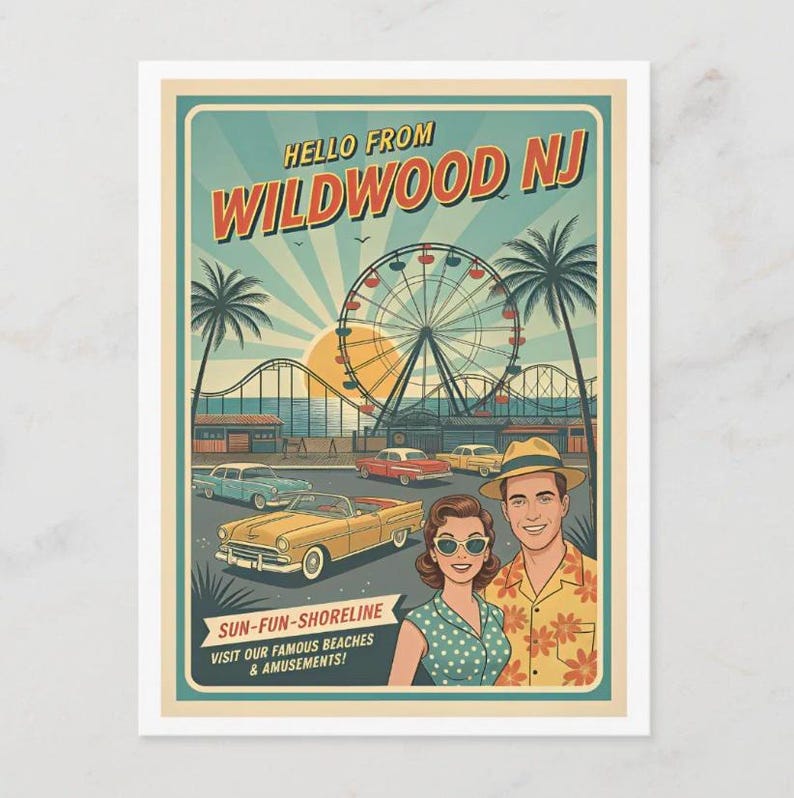 May include: Vintage postcard featuring a retro illustration of Wildwood, NJ. The image includes a Ferris wheel, roller coaster, classic cars, palm trees, and a couple. Text reads "HELLO FROM WILDWOOD NJ" and "SUN-FUN-SHORELINE VISIT OUR FAMOUS BEACHES & AMUSEMENTS!"