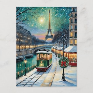 Carte postale inspirée d'art graphique de scène de neige d'hiver de métro de Paris de tour Eiffel