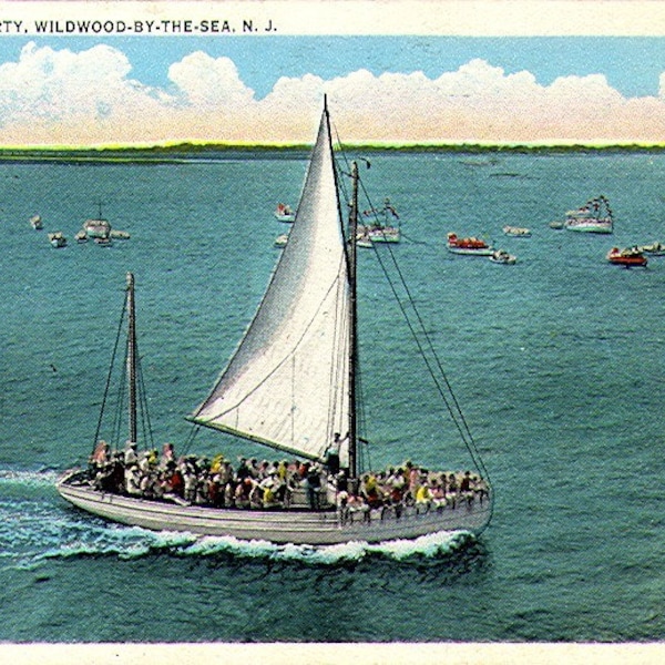 Wildwood NJ, New Jersey, A Sailing Party, 1934, Original Vintage Postcard NJ3293