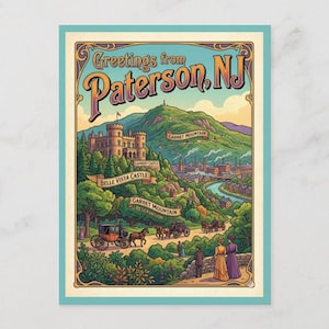 May include: Vintage postcard featuring a scenic view of Paterson, NJ, with the text "Greetings from Paterson, NJ." The image includes Belle Vista Castle, Garrett Mountain, and horse-drawn carriages on a road. The color palette is a mix of greens, blues, and yellows.