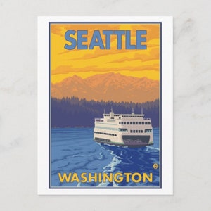 Seattle WA, Washington, ferry et montagnes, coloré, carte postale moderne de style affiche de voyage Z490045