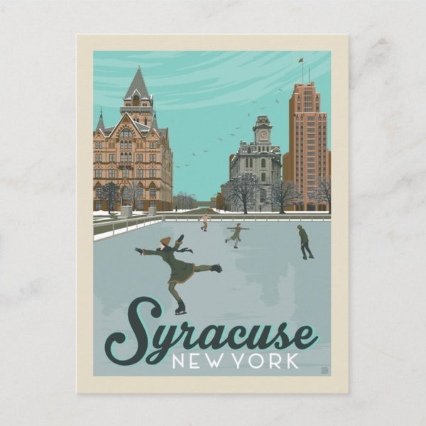 Syracuse NY, New York, Ice Skating in Winter, Poster Style Postcard Z501156