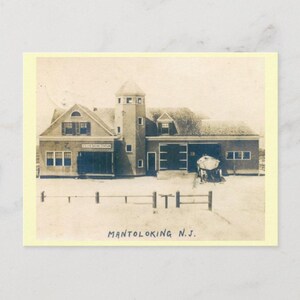 May include: Vintage sepia-toned postcard featuring the U.S. Life Saving Station in Mantoloking, N.J. The building has a tower and a garage-like structure. A small wooden fence is in the foreground. The text "MANTOLOKING N.J." is at the bottom.