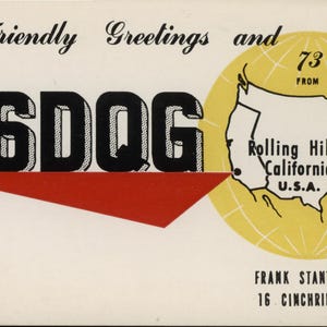 Vintage Ham Radio QSL Karte: W6DQG Rolling Hills CA, 1960s Ephemera