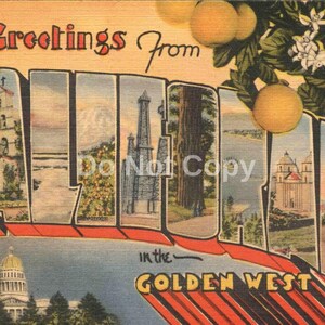 Saudações da Califórnia, O Oeste Dourado, Carta Grande 1940s Clássico Vintage Inspirado Digital Instant Download, 600dpi