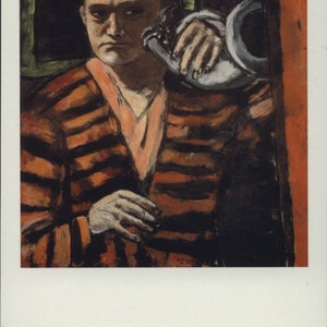 May include: An oil painting depicting a person with a shaved head wearing a robe with horizontal black and orange stripes. The person has a pale complexion and is holding a silver-coloured horn-shaped object near their shoulder. The background features dark green and bright orange vertical panels.
