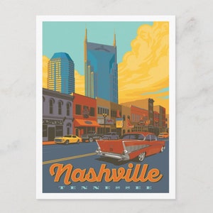 Nashville TN, Tennessee, Old and New, Colorful, Broadway, Sunset, Old Car, Retro Travel Poster Style, Modern Postcard Z658869